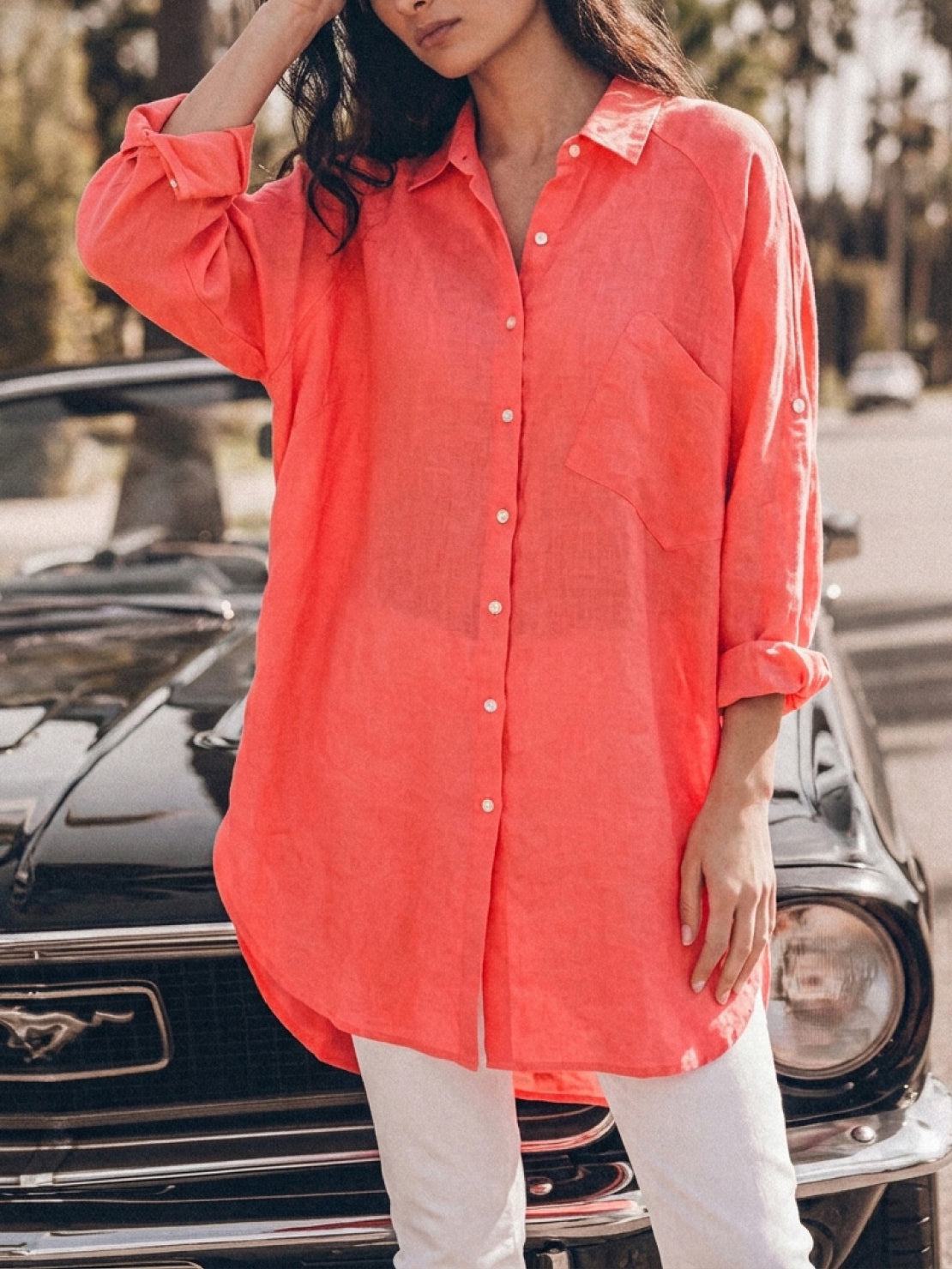 oversized relaxed cotton linen button-up shirt with dropped shoulders and back pleat detail