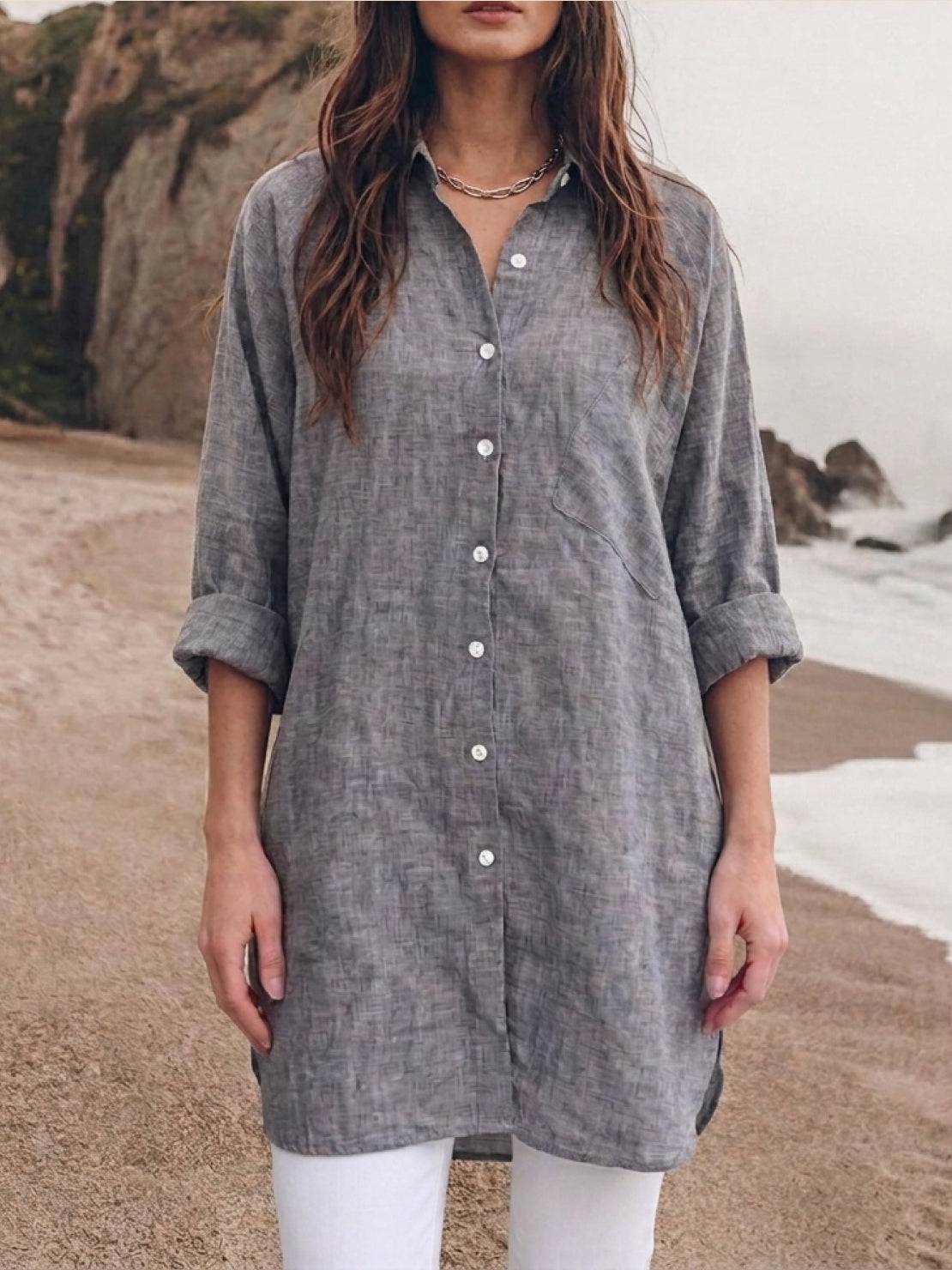 Oversized relaxed cotton linen shirt with dropped shoulders and signature back pleat detail