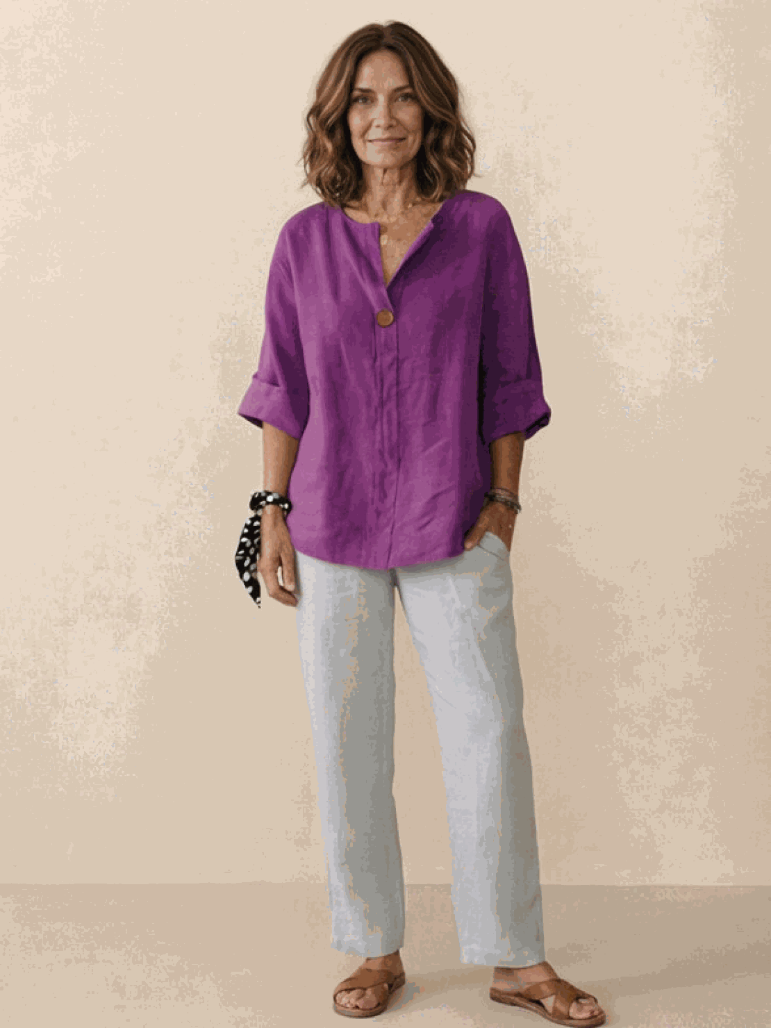 White pure linen age-defying shirt with button details and breathable fabric