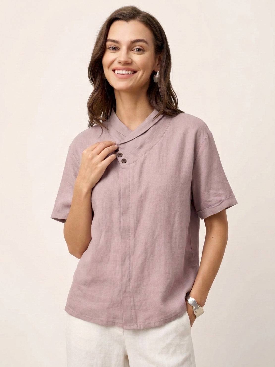 100% linen relaxed V-neck top with asymmetric button detail and short sleeves in navy blue