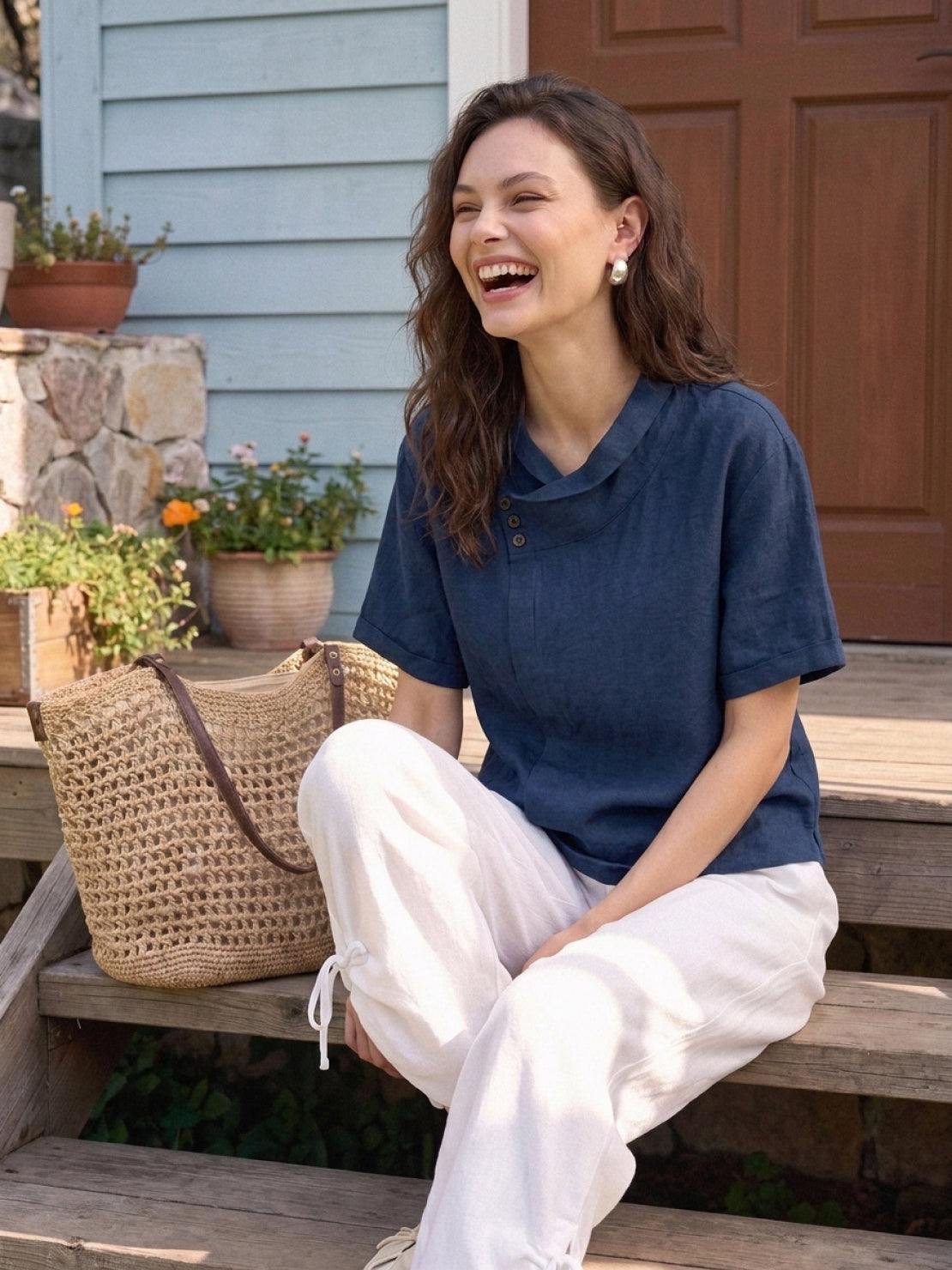 100% linen relaxed V-neck top with asymmetric buttons and short sleeves in navy blue