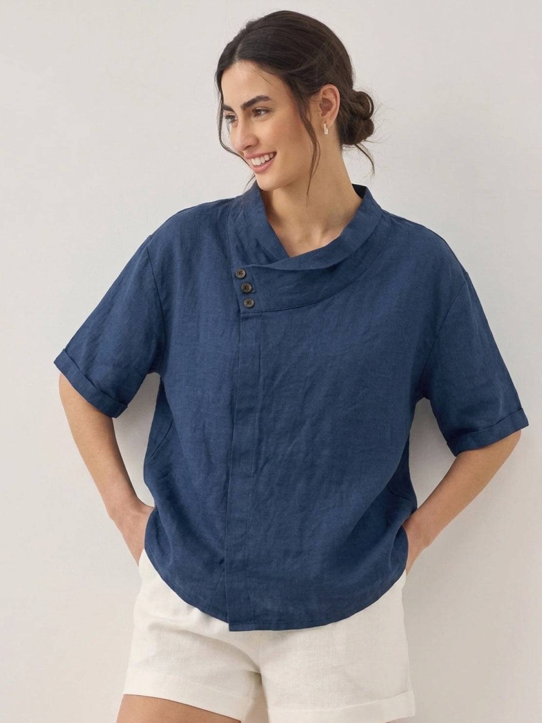 100% linen relaxed V-neck top with asymmetric button detail and short sleeves