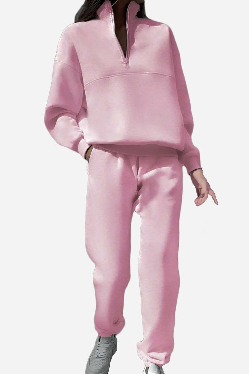 Classic Airplane Set pink cotton blend two-piece tracksuit with high collar and tapered jogger pants