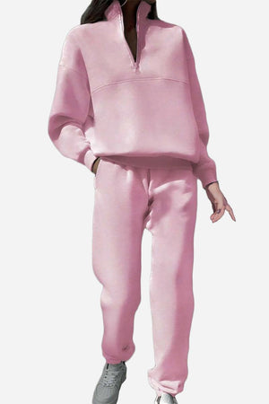 Classic Airplane Set pink cotton blend two-piece tracksuit with high collar and tapered jogger pants