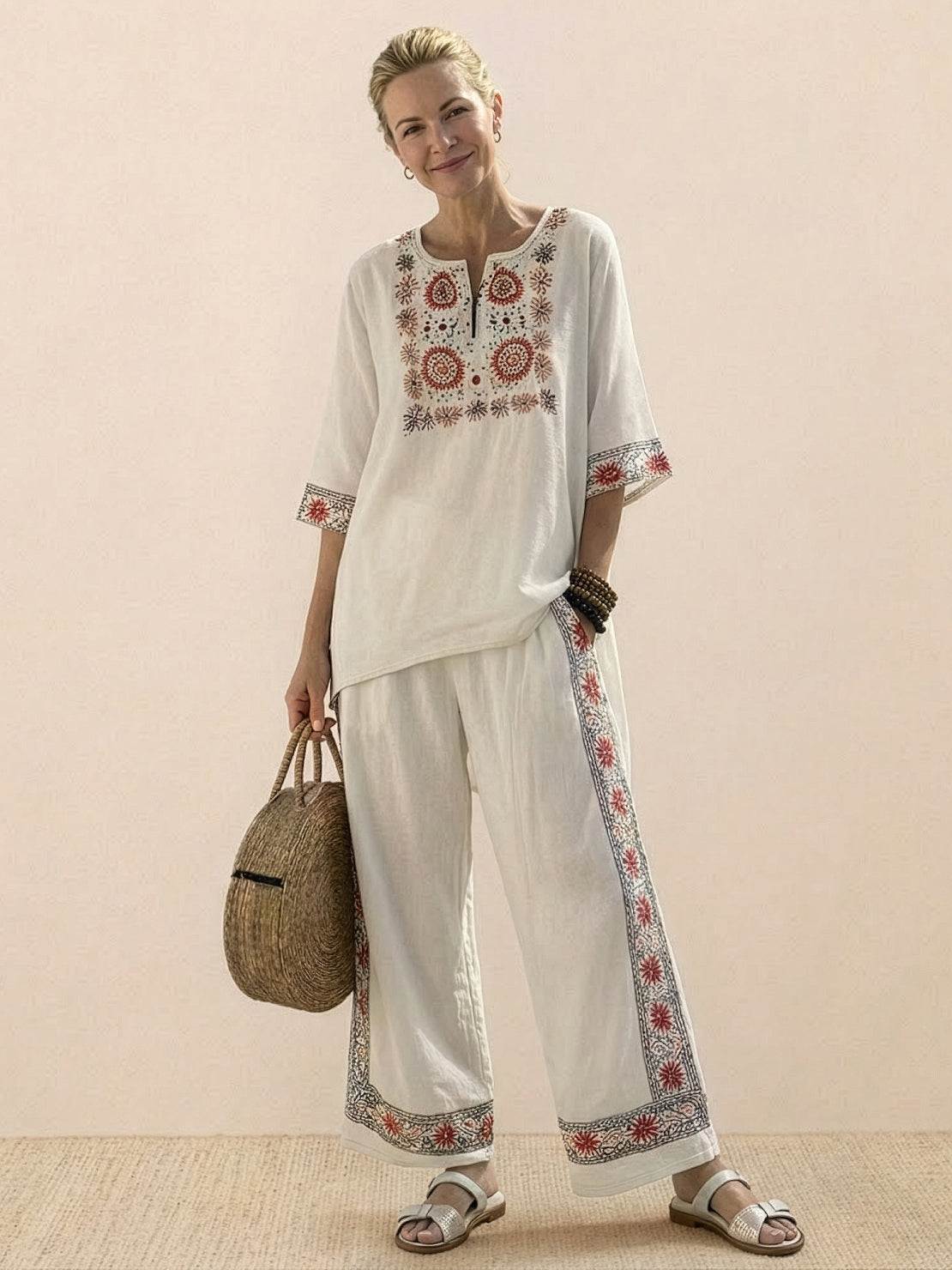 Coastal Comfort Linen two-piece set with artisan crochet and breathable fabric