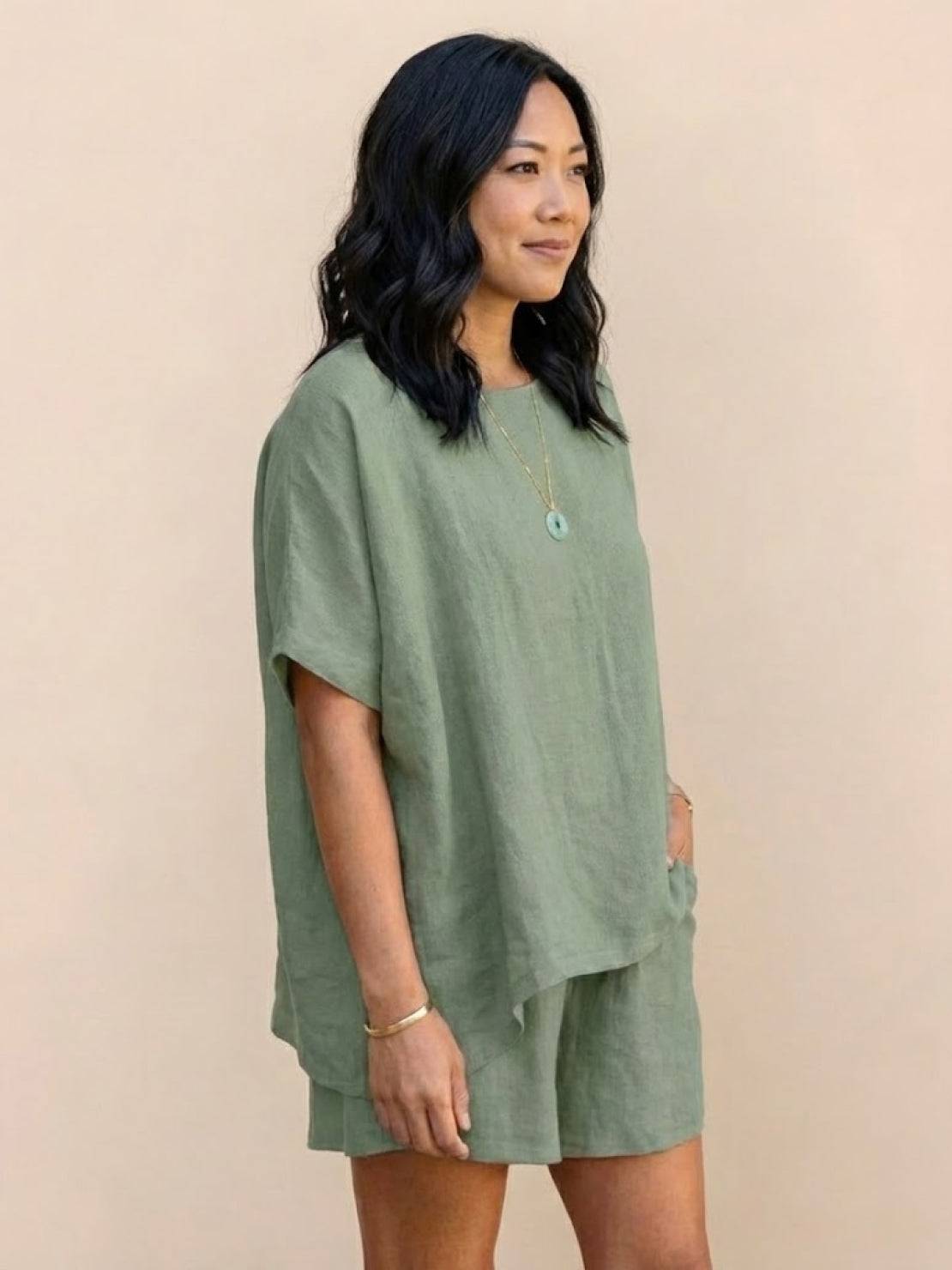 Comfy linen-like shirt and shorts two-piece set in breathable, lightweight fabric perfect for casual or smart-casual wear