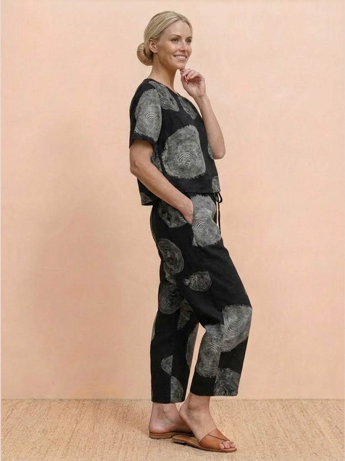 Cotton linen set with relaxed short-sleeve top and straight-leg pants in soft breathable blend