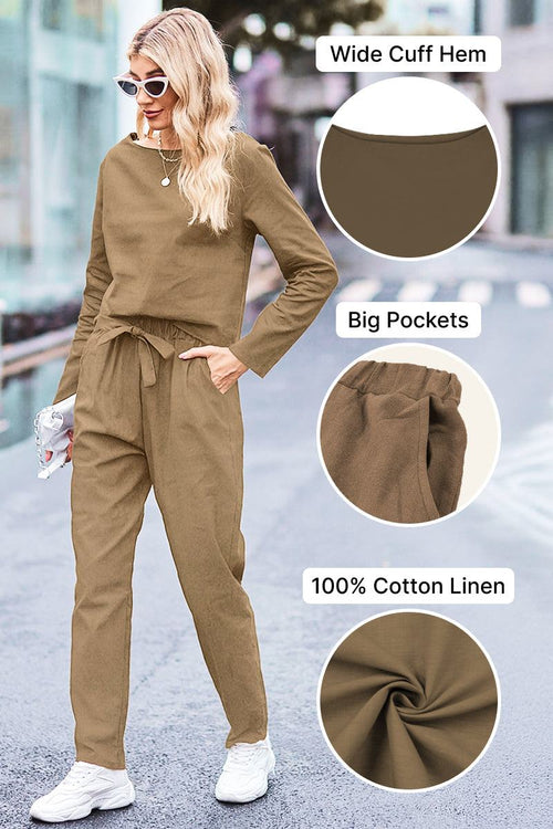 Casual cotton-linen monochrome set with wide cuff hem, big pockets, and relaxed fit pants and top.
