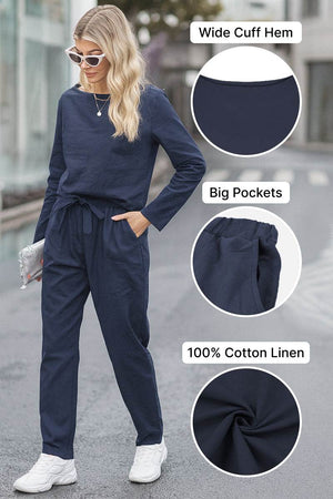 Woman wearing navy cotton-linen monochrome capsule set with wide cuff hem and big pockets