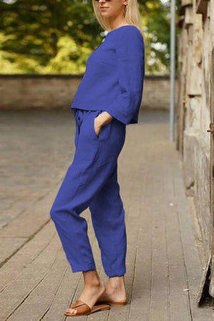 Relaxed cotton-linen monochrome capsule set with longline top and wide-leg pants in blue
