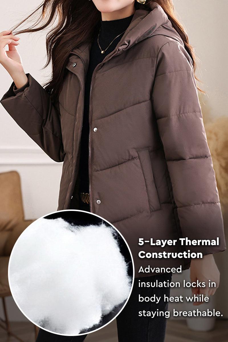 Everyday Warmth Coat mid-length hooded brown winter coat with 5-layer thermal insulation and wind-resistant fabric.