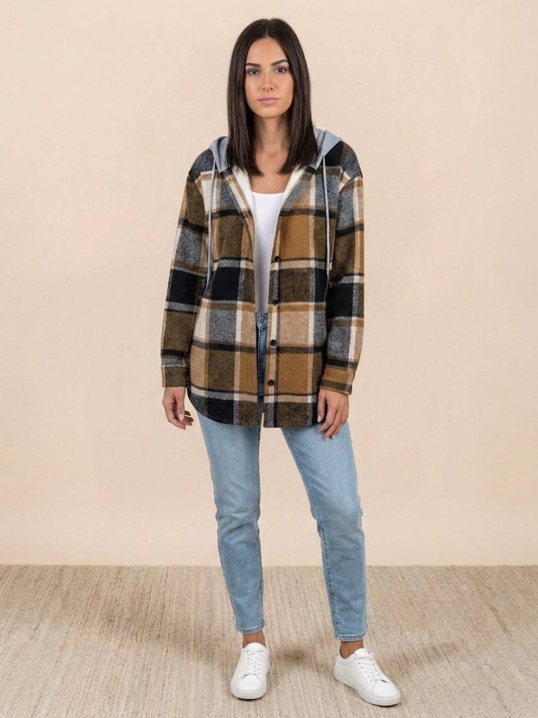 Highland Plaid Shacket with plaid pattern, fleece lining, hood, button-front, and front pockets for cozy layering