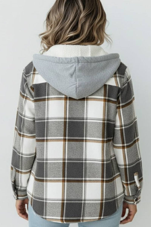 Back view of Highland Plaid Shacket with hood, plaid pattern, and fleece lining