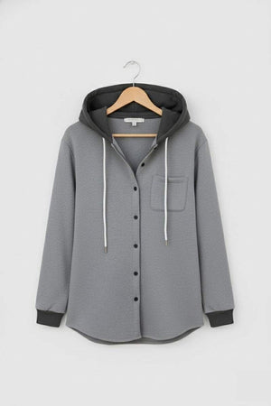 Highland Plaid Shacket gray hooded button-front relaxed fit with front pocket and soft fleece lining.