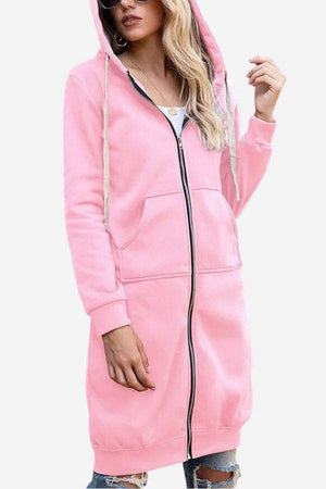Oversized long zip sweatshirt hoodie in pink with fleece lining and front pockets
