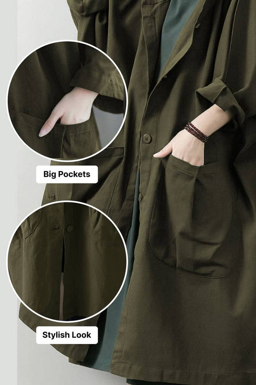 Oversized water resistant windbreaker jacket with large pockets and stylish longline design in dark olive green