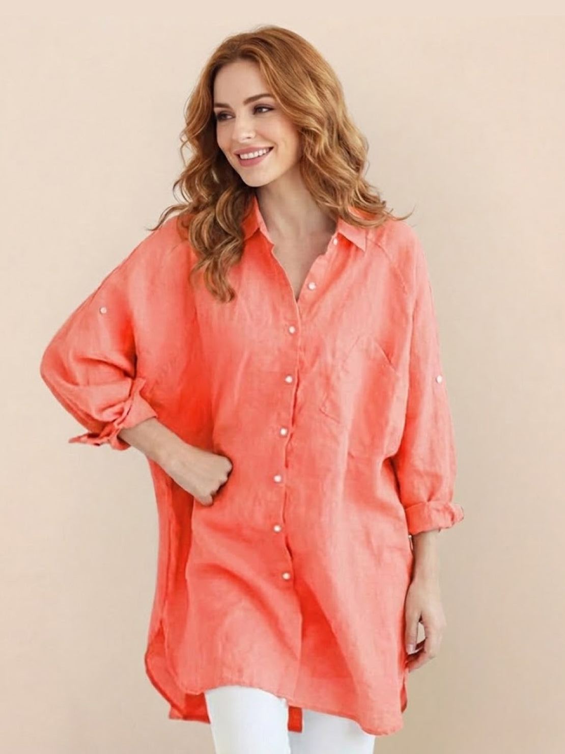 Oversized linen shirt with relaxed fit and back button detail in soft breathable cotton-linen blend