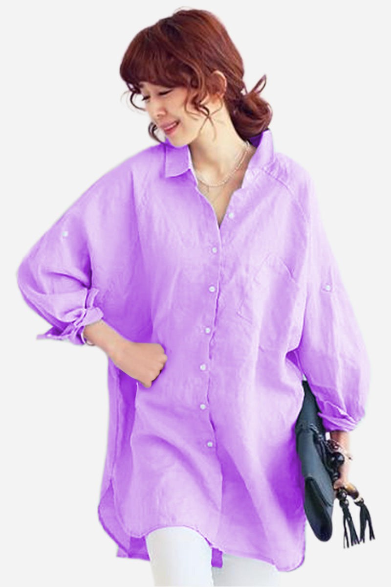 Woman wearing oversized lavender linen shirt with relaxed fit and button front
