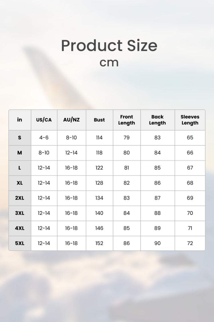 Oversized linen shirt size chart with bust, front length, back length, and sleeve measurements in cm for sizes S to 5XL