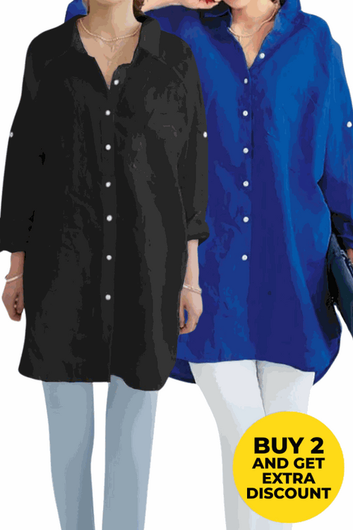 Two oversized linen shirts in black and blue with button front, collared neck, and long sleeves modeled on women