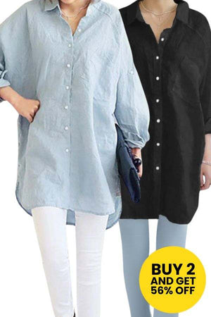 Two oversized linen shirts in light blue and black, loose fit with button-down front and rolled sleeves, styled with white and light blue pants.