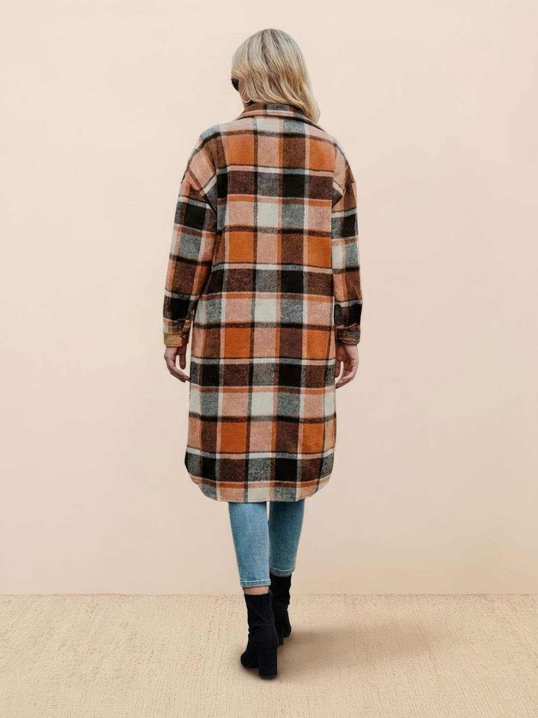 Oversized medium-length blue plaid wool-blend overshirt with relaxed fit and functional pockets