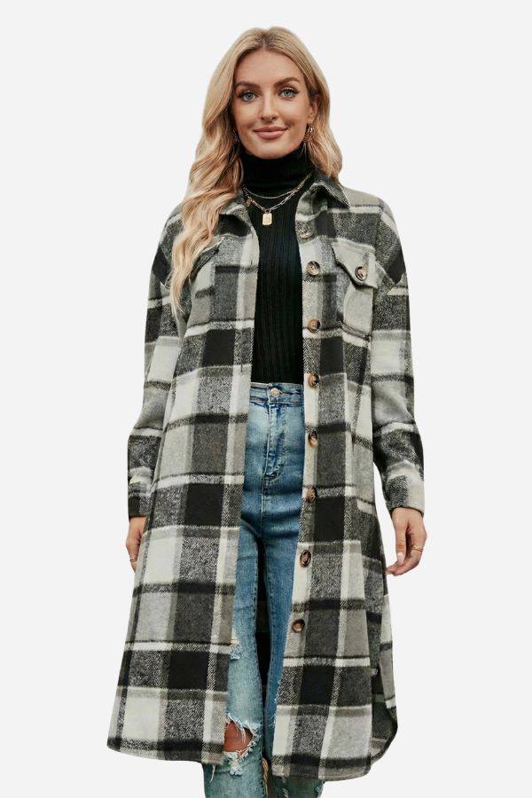 Oversized medium-length blue plaid wool-blend overshirt jacket with relaxed fit and functional pockets