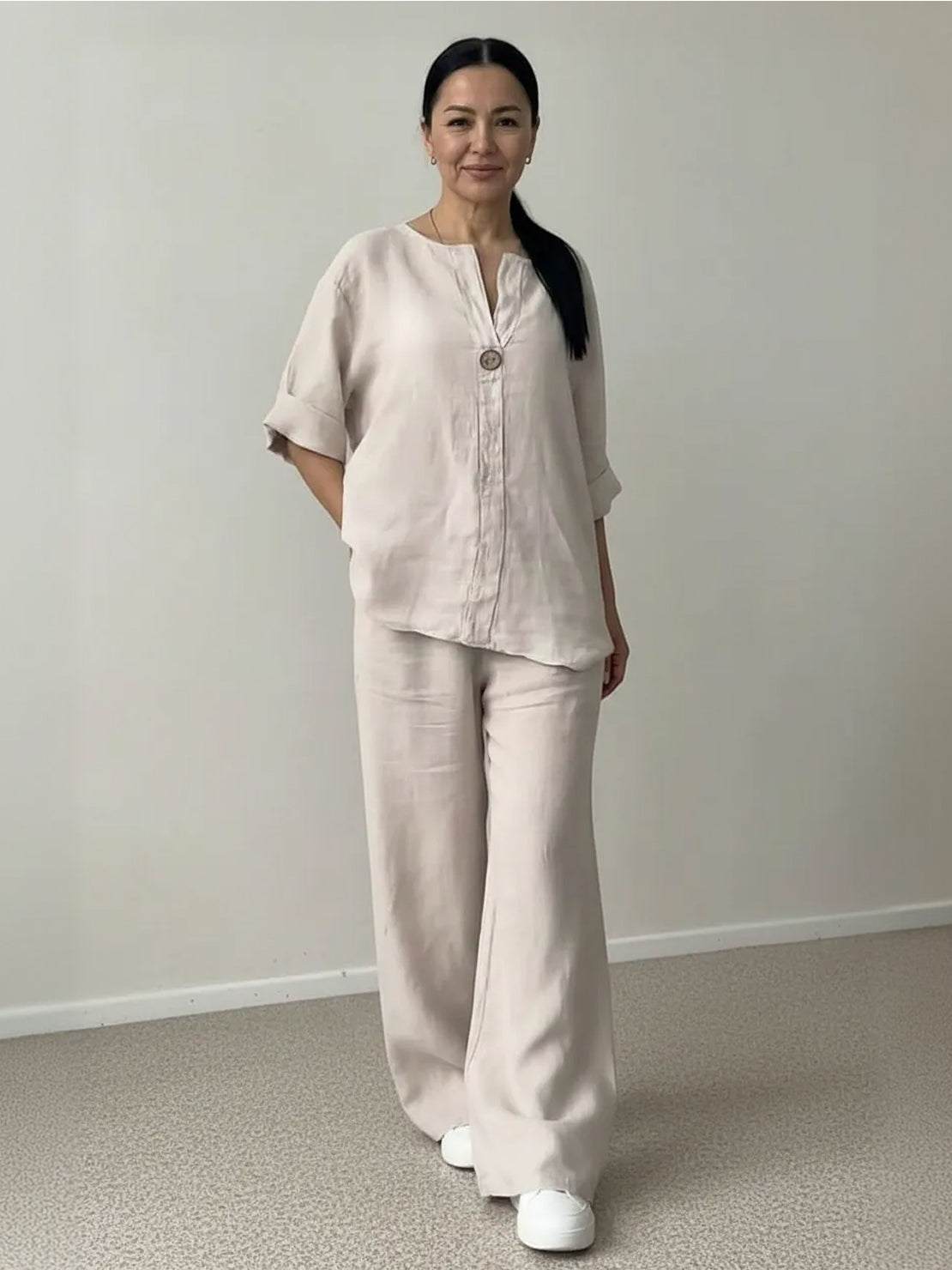 Pure Linen Two-Piece casual comfort set in breathable linen fabric with one-button design