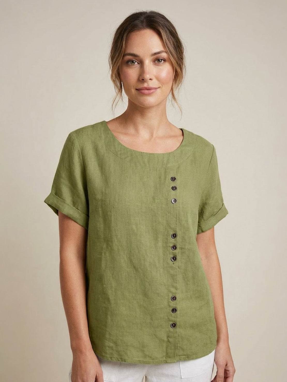 Relaxed Fit Linen Button-Up Tee in breathable cotton linen with short sleeves and stylish button detail