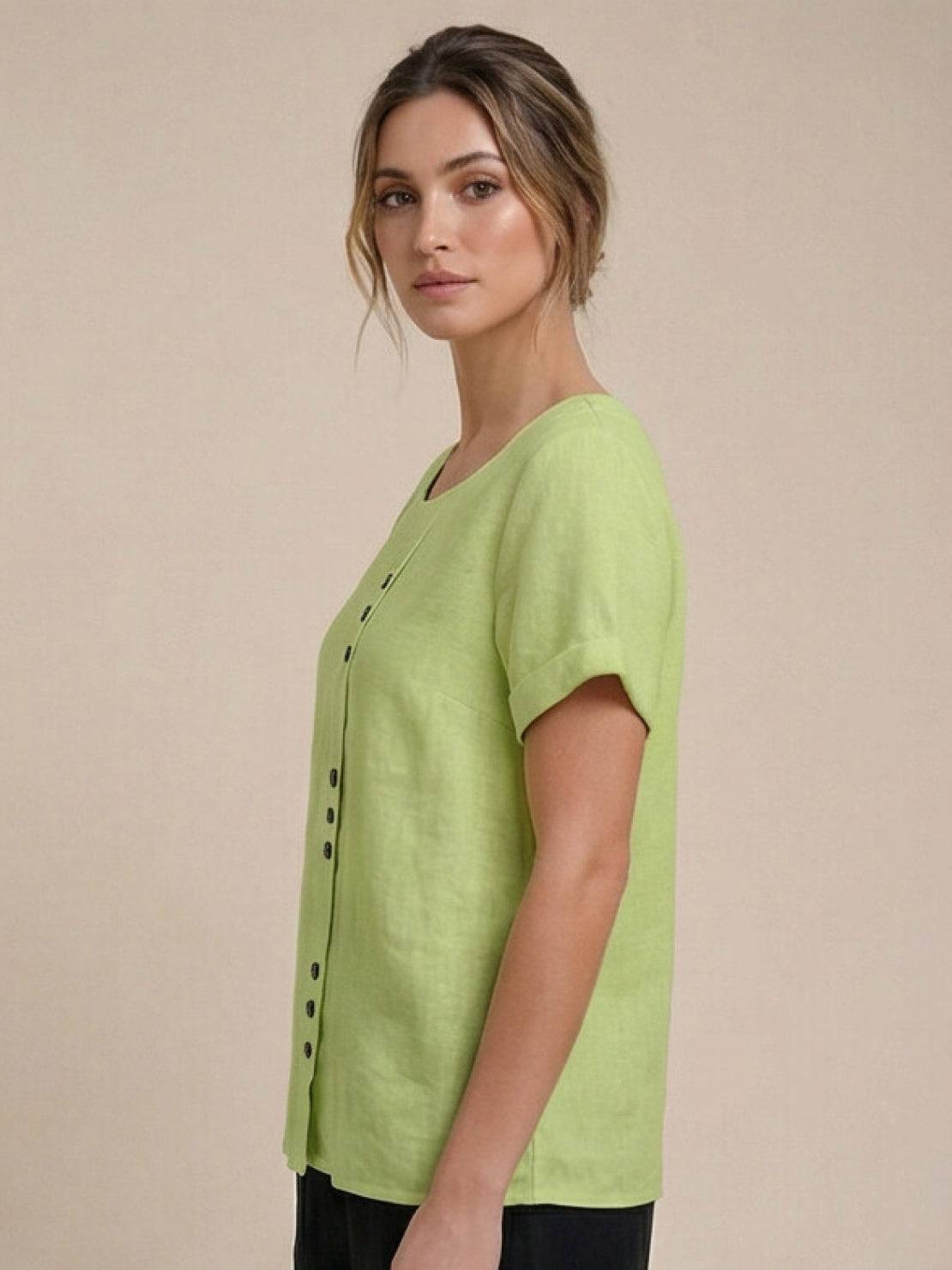 Relaxed Fit Linen Button-Up Tee in breathable cotton with short sleeves and stylish button detail