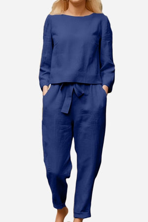 100 cotton linen blue monochrome two-piece women's set with long sleeves and drawstring pants