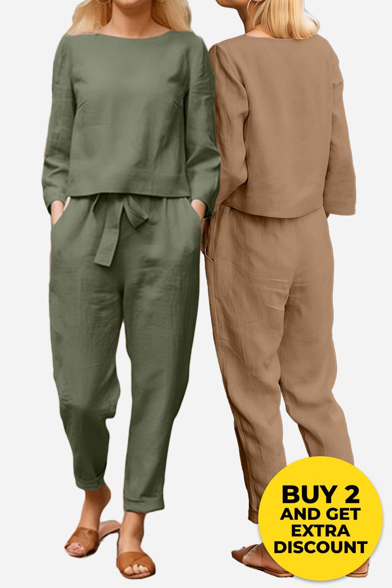 Two-piece 100 cotton linen monochrome set for women in olive green and brown colors, featuring long-sleeve tops and relaxed pants.
