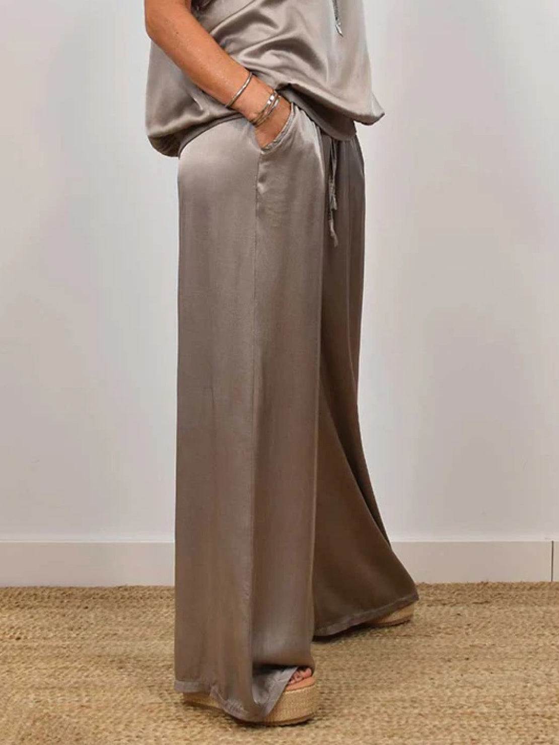 Silken Escape Satin Two-Piece Set elegant satin top and wide-leg pants with soft stretch waistband and wrinkle-resistant fabric