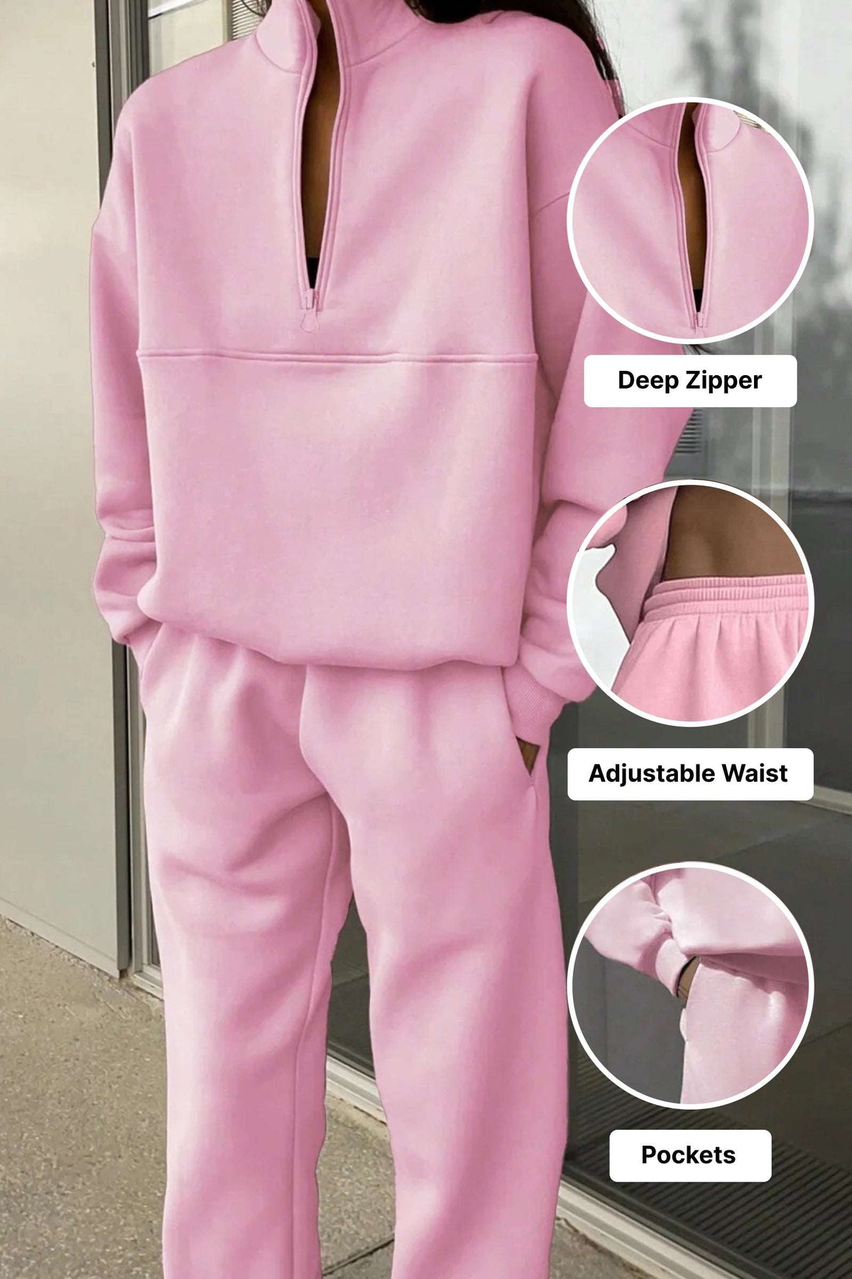Pink cotton blend tracksuit with deep zipper, adjustable waist, and pockets for tailored comfort and style