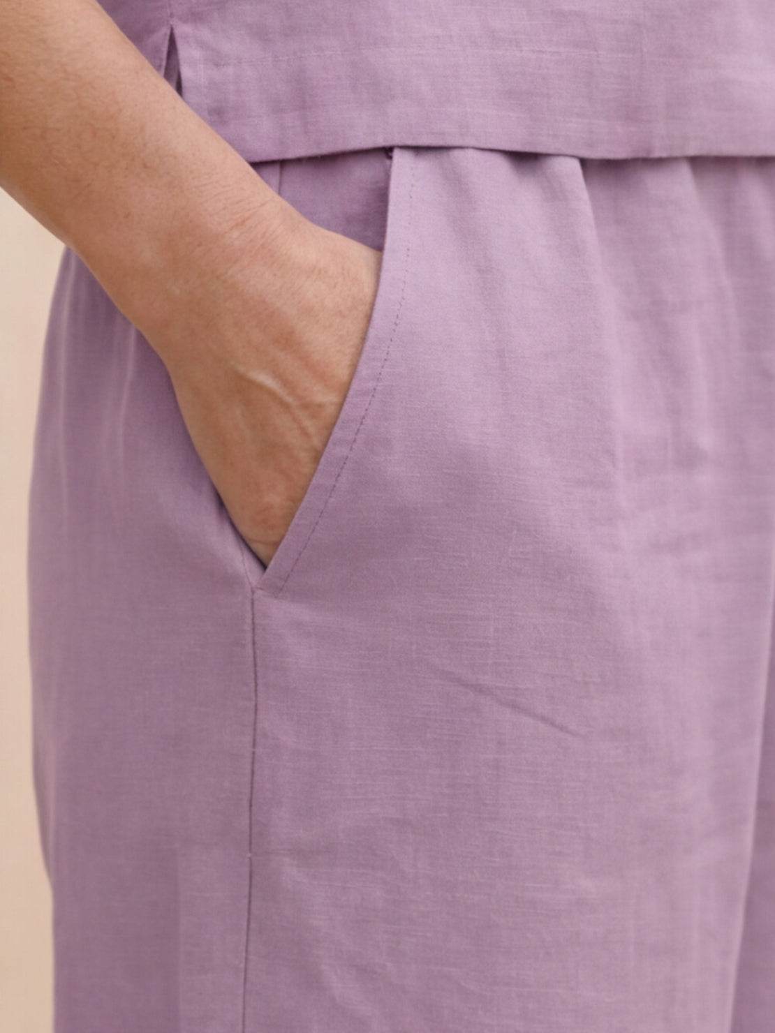 Relaxed loose fit co-ord set with soft-tailored top and wide-leg bottoms in breathable fabric