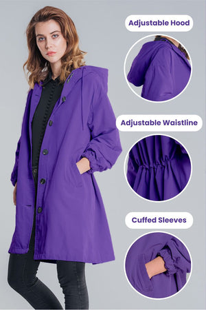 Woman wearing purple Rain Couture Windbreaker with adjustable hood, waistband, and cuffed sleeves, showcasing trendy oversized water-resistant jacket.