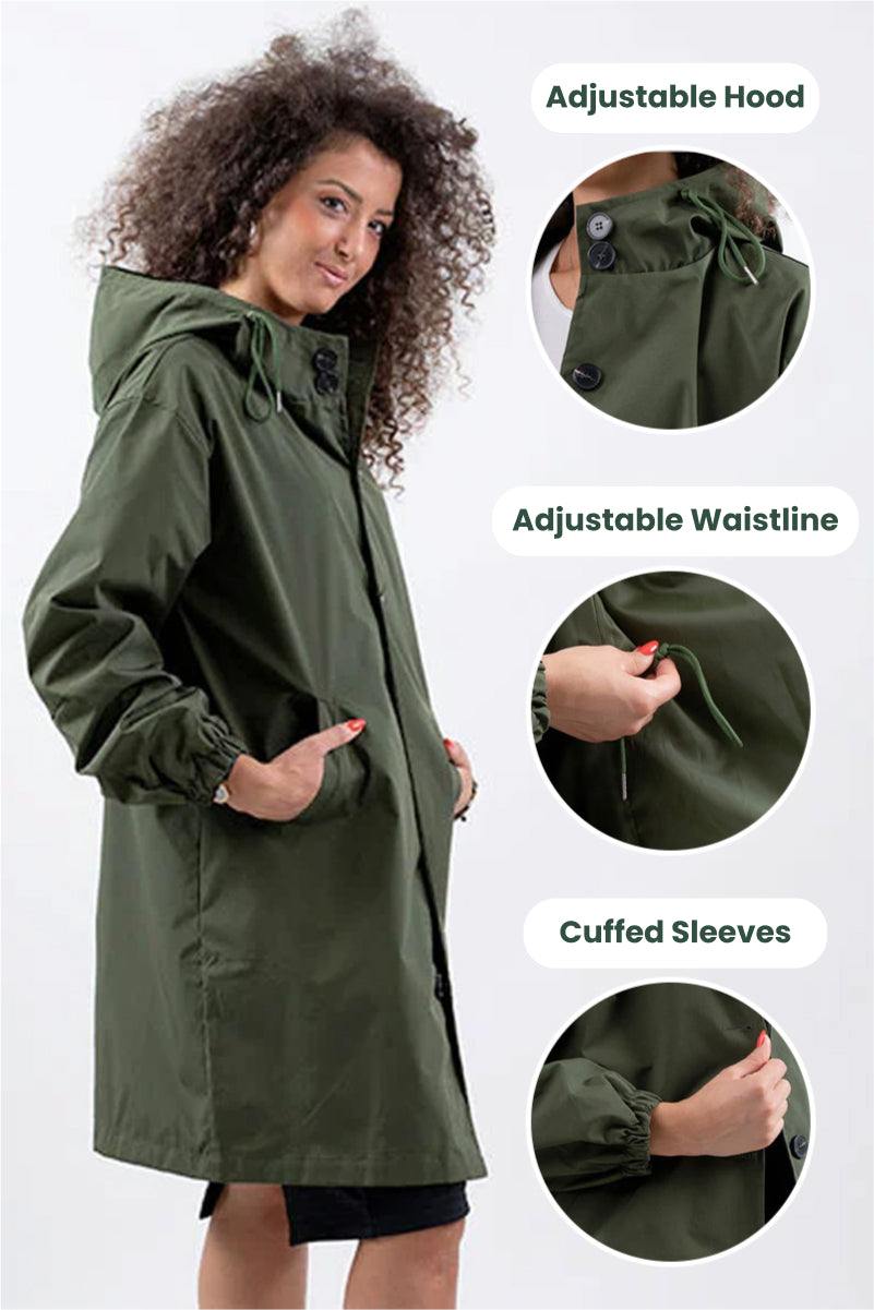 Rain Couture Windbreaker oversized water-resistant jacket with adjustable hood and waistline in olive green