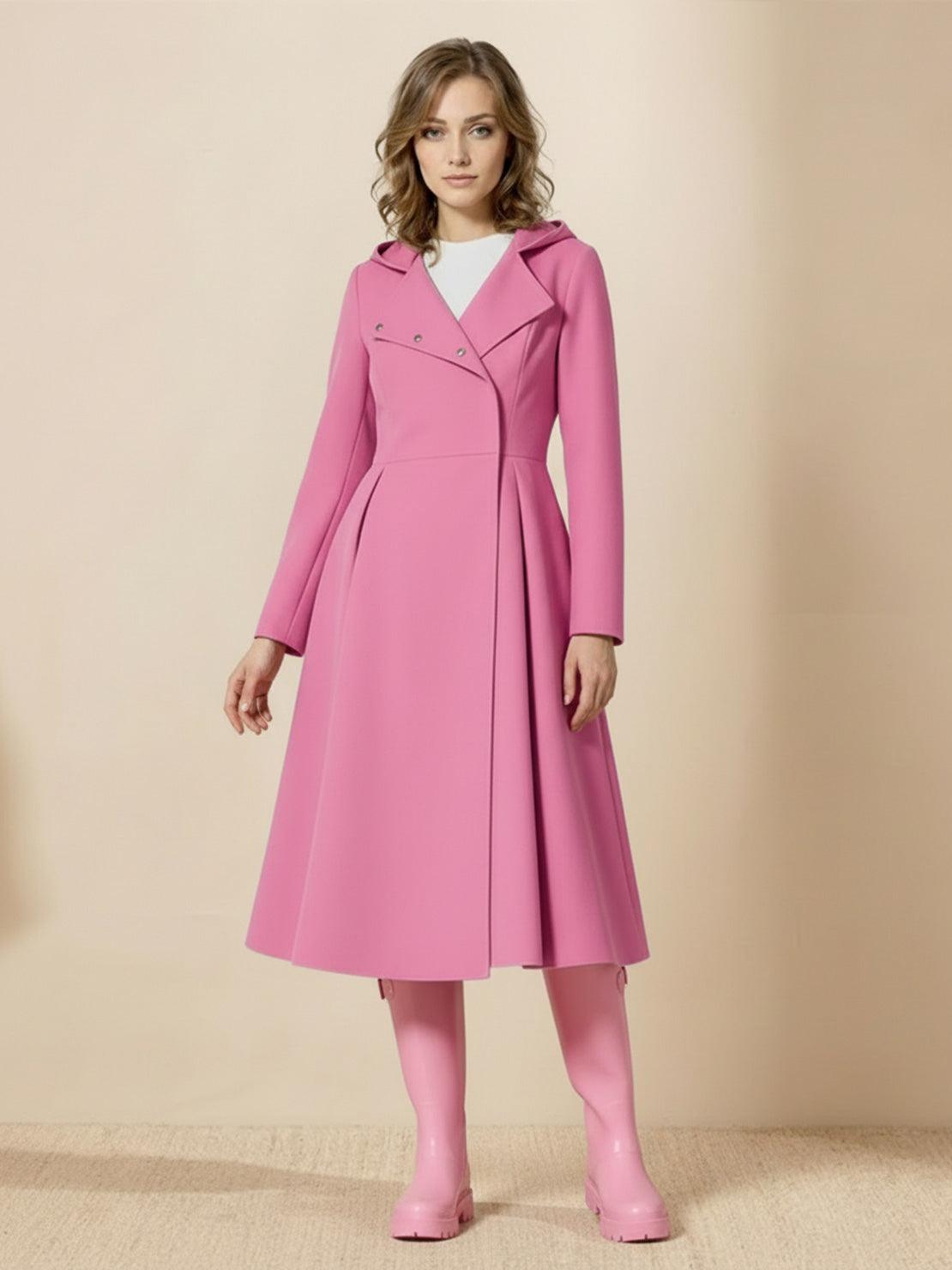 Elegant A-line hooded raincoat with water-repellent fabric and insulated lining for women