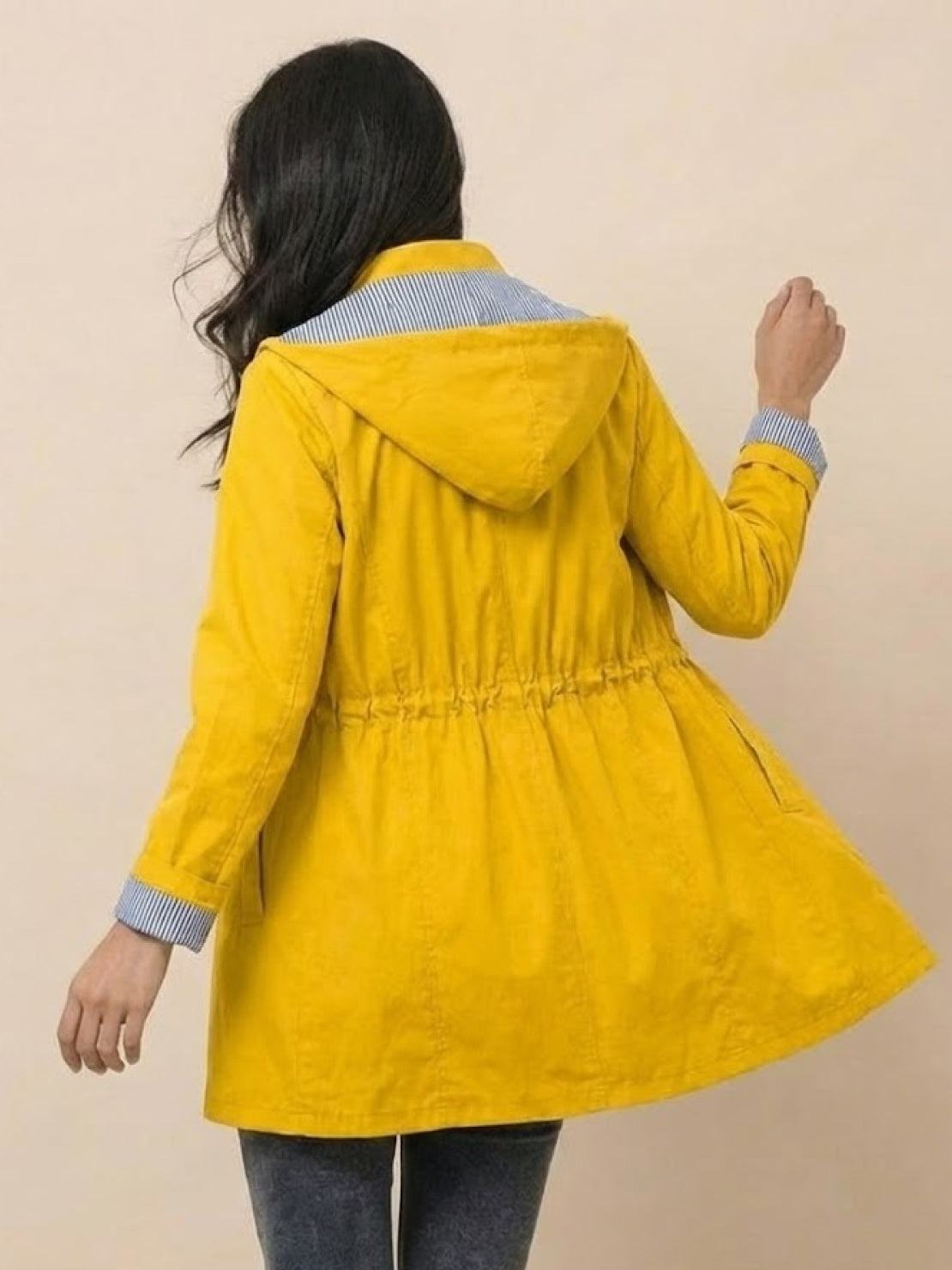 Women's yellow water resistant hooded striped windbreaker jacket back view