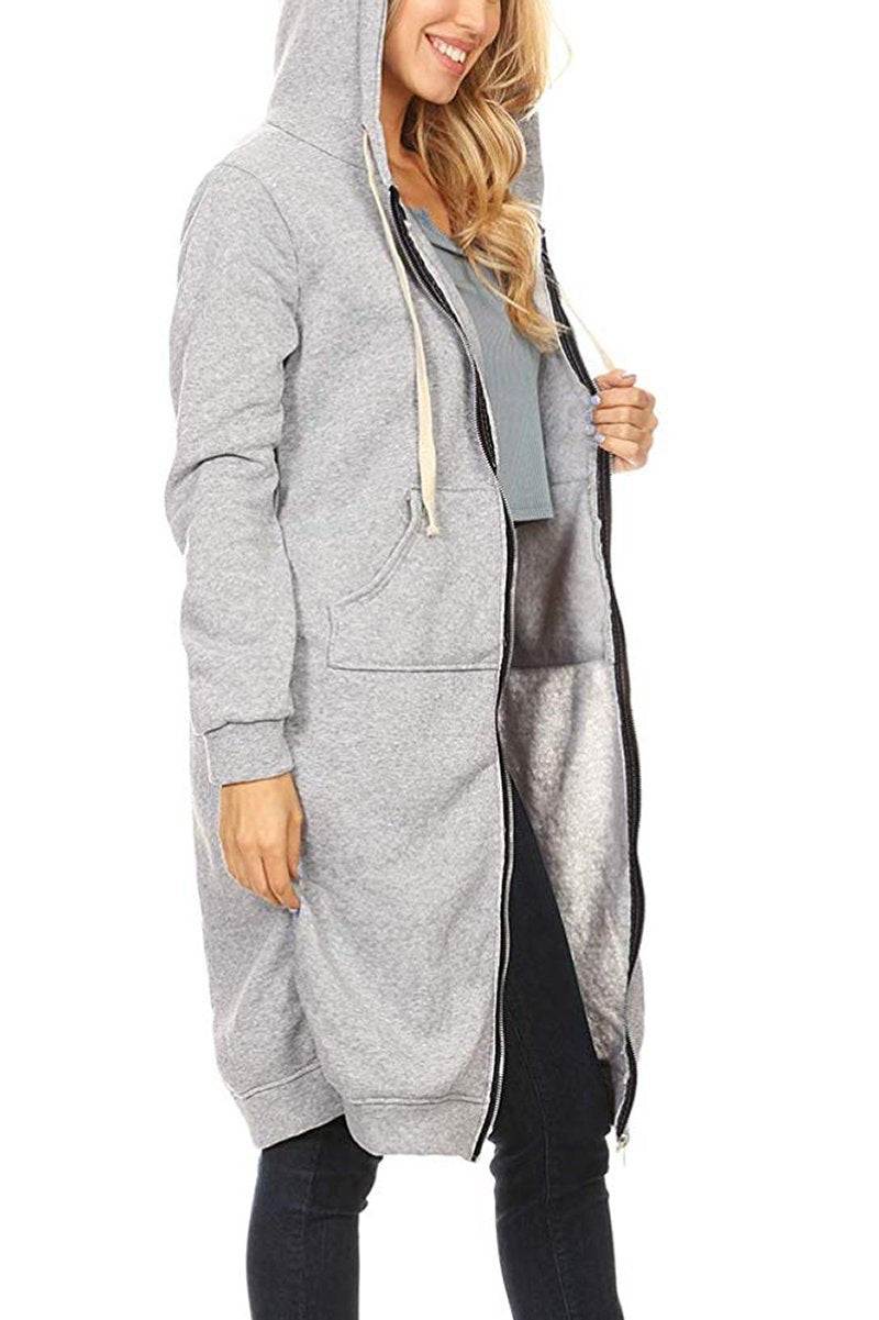 Oversized long zip sweatshirt hoodie in grey with fleece lining and front pockets