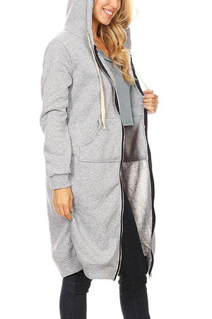 Oversized long zip sweatshirt hoodie in grey with fleece lining and front pockets