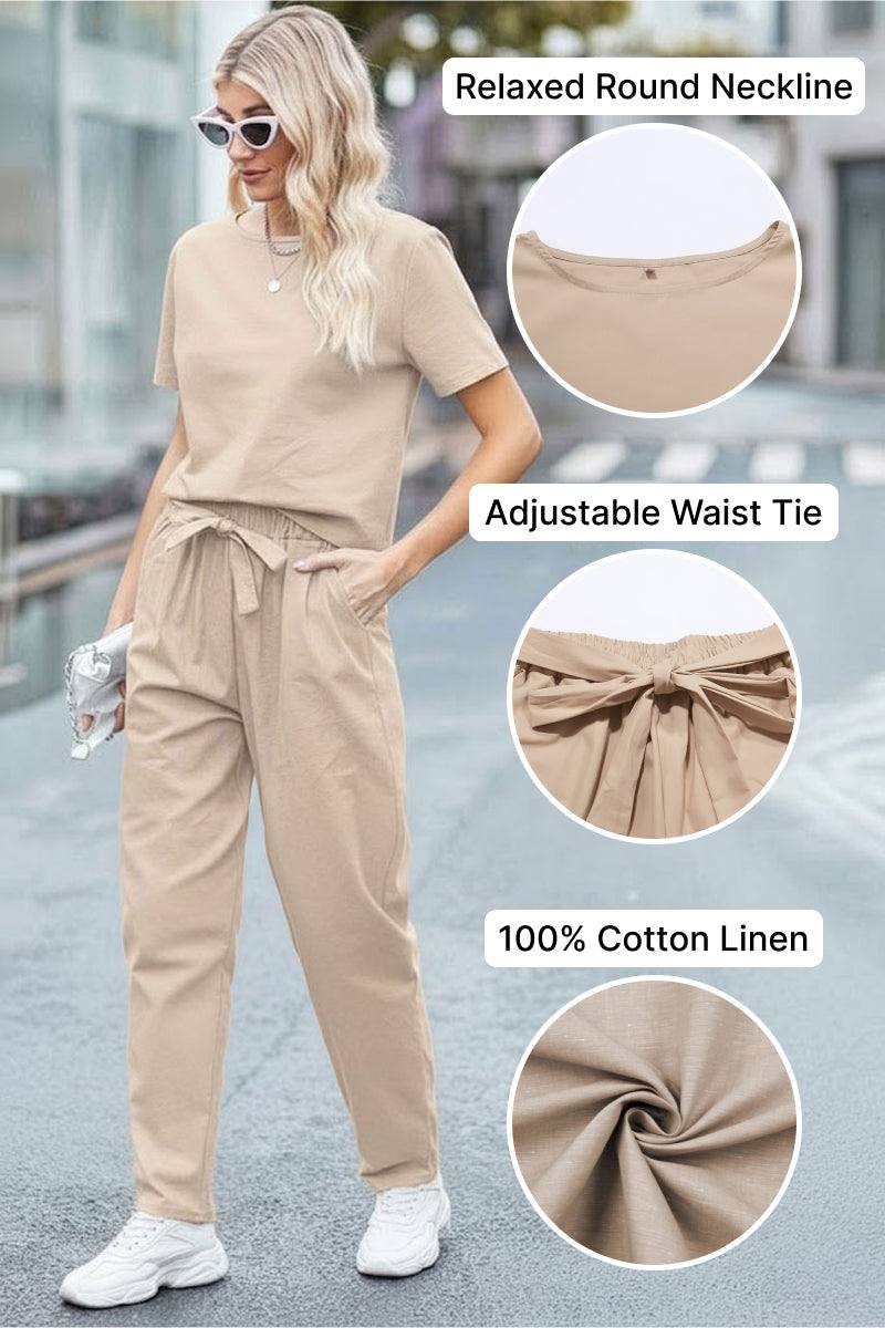 Women's beige cotton linen set with relaxed top and adjustable waist tie pants