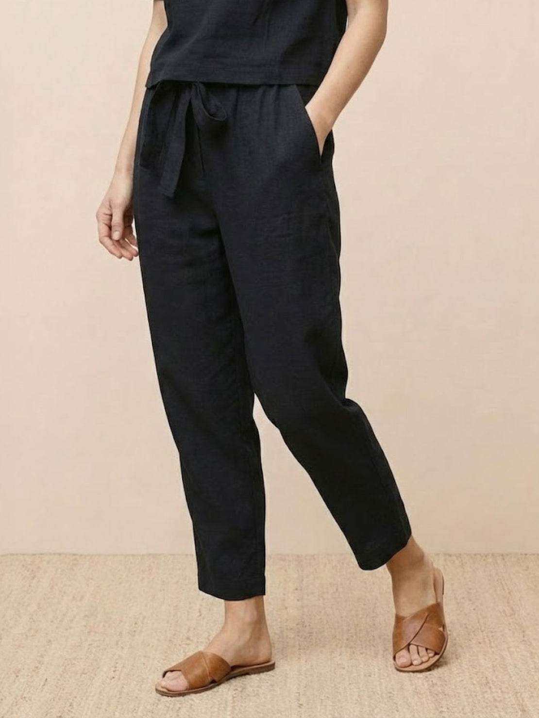 Cotton linen monochrome straight-leg breathable pants with adjustable drawstring waist