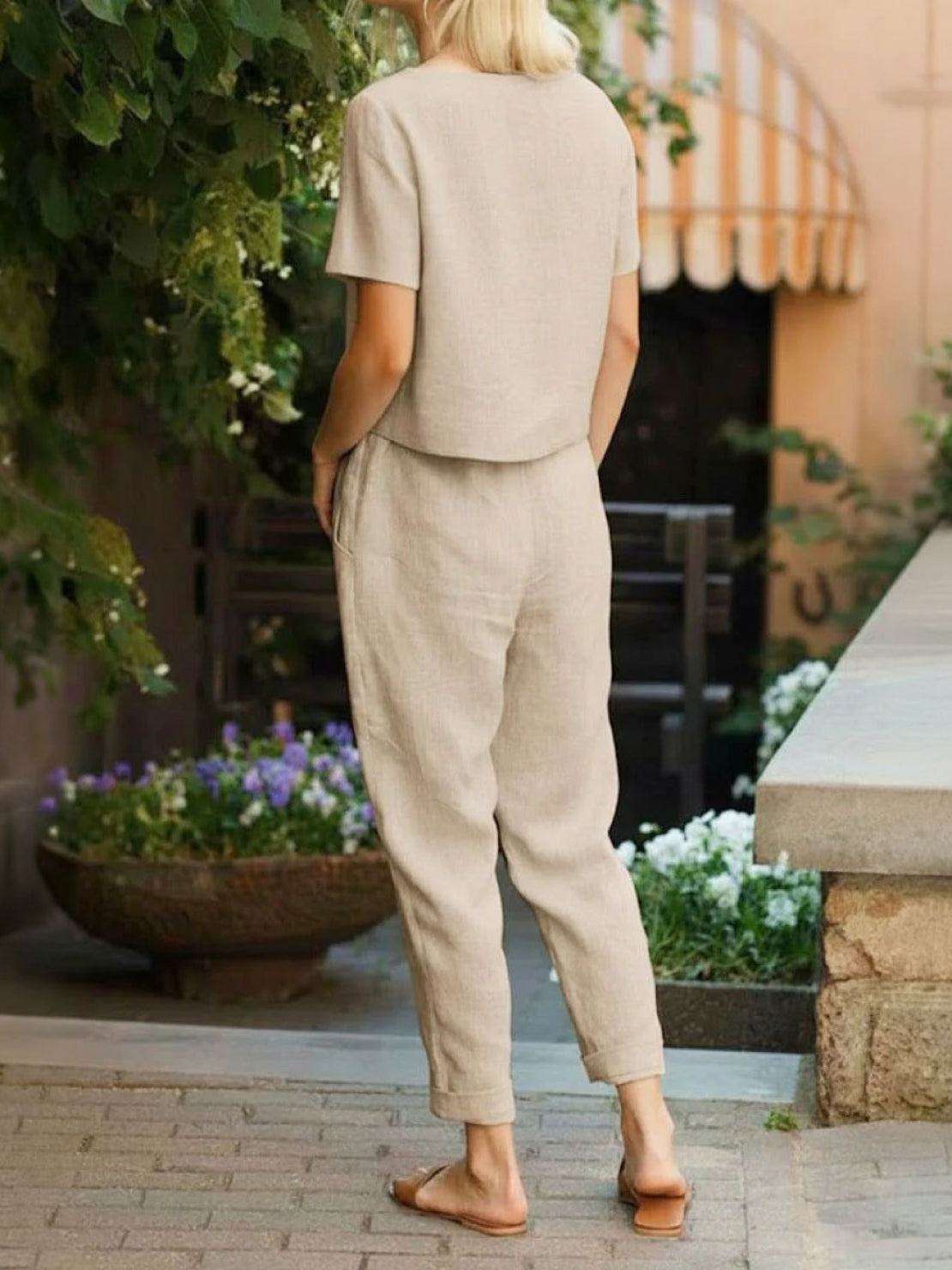 Cotton linen monochrome straight-leg pants with adjustable drawstring waist in breathable cotton-linen blend