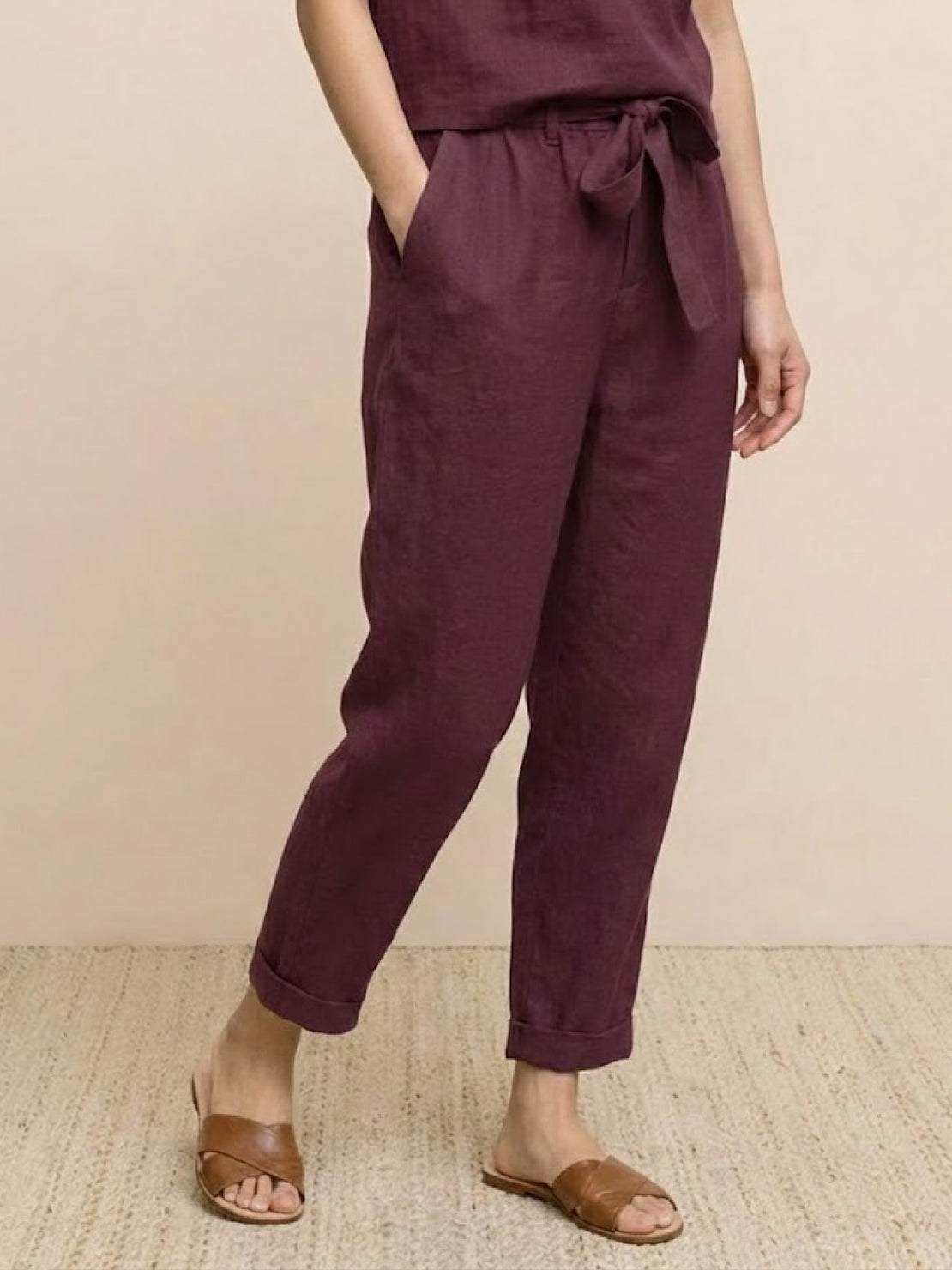 Cotton linen monochrome straight-leg pants with adjustable drawstring waist in breathable cotton-linen blend