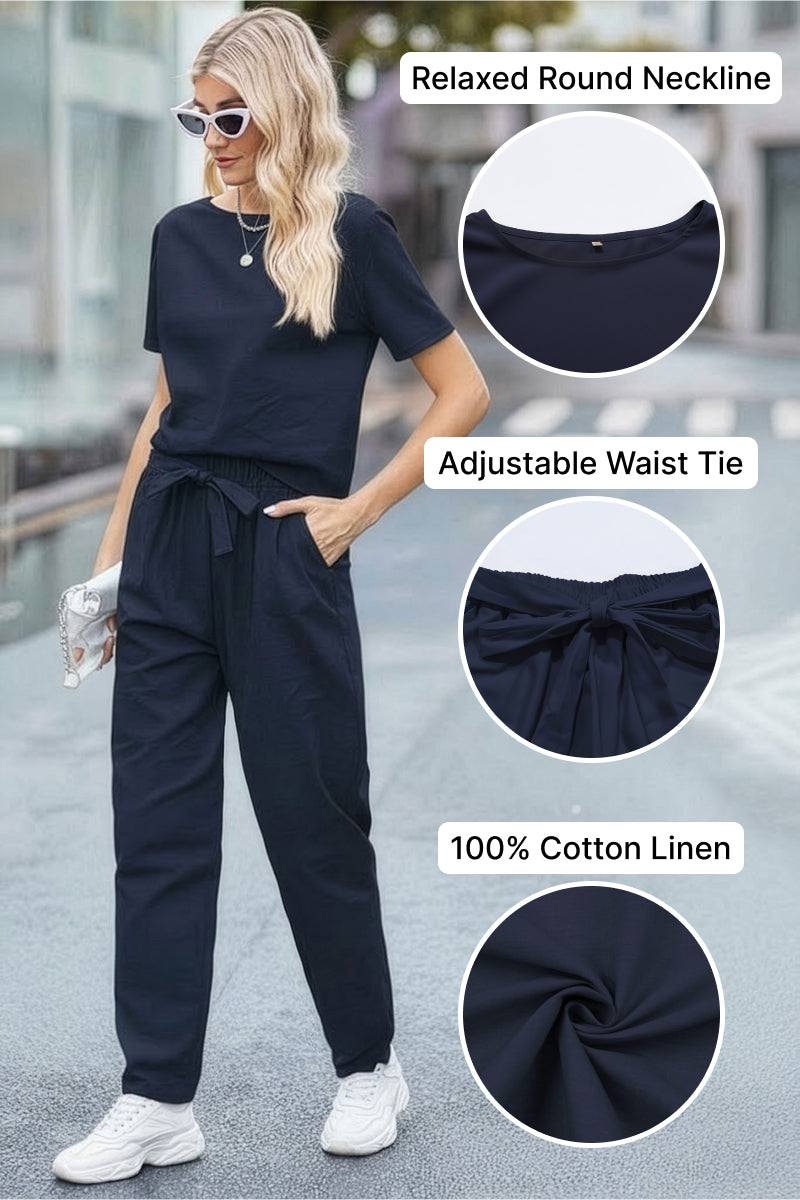 Woman wearing navy blue cotton linen set with relaxed round neckline and adjustable waist tie