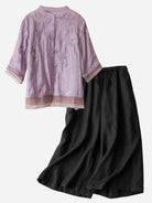 Two-piece Cotton Linen Tuscany set with sheer embroidered top and wide-leg linen trousers on white background