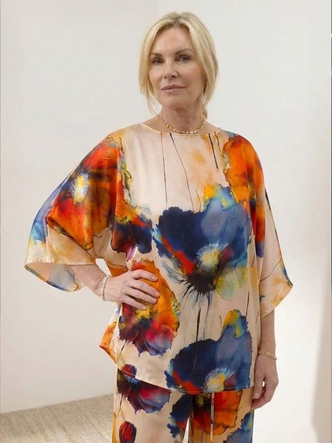 Plus size vibrant floral matching set with flowy silhouette and elastic waistband