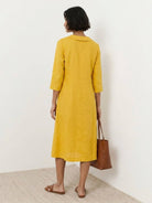 Linen-look midi dress with relaxed A-line silhouette, blazer neckline, button detail, 3/4 sleeves, and side pockets