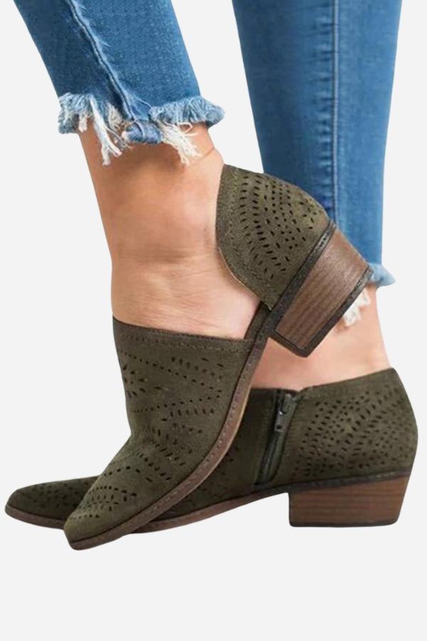 Laser cut western ankle boots in olive green with low block heels and side zipper